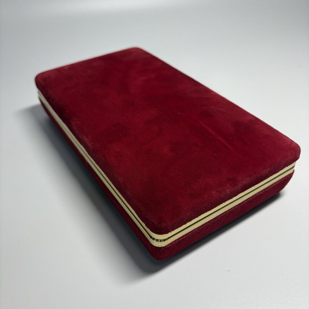 Vintage Prestige Red Velvet & Satin Jewelry Box Earring Holder Clamshell